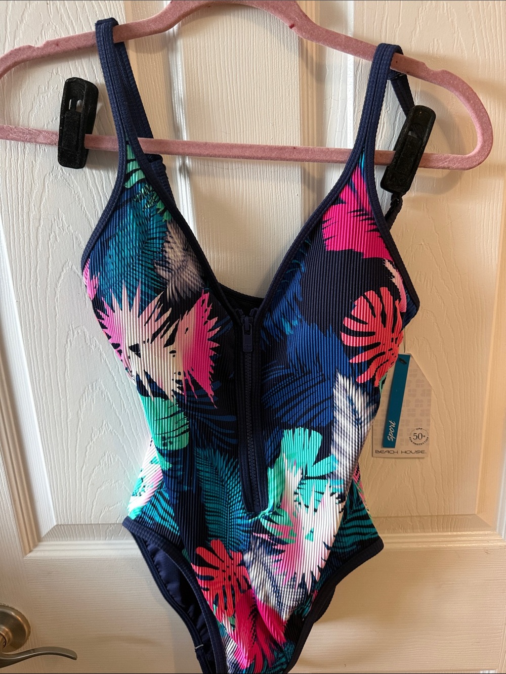 Beach House Women’s ' Navy Tropical Zip-Front One-Piece Swimsuit